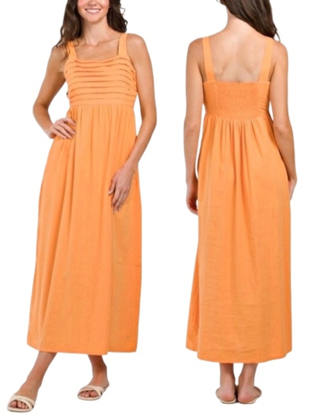🧡 Tahari Orange Linen Flowy Maxi Dress with Smocked Pleated Bodice
